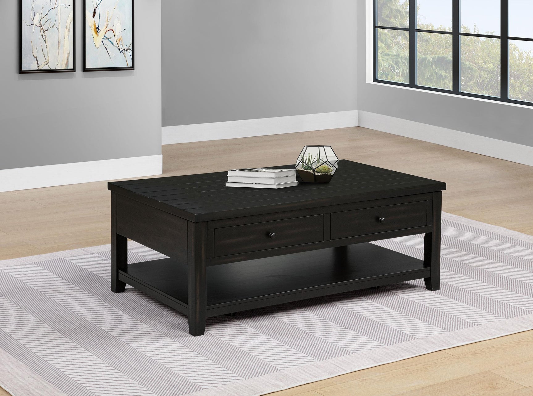 Payne lift-top coffee table side view with lower shelf