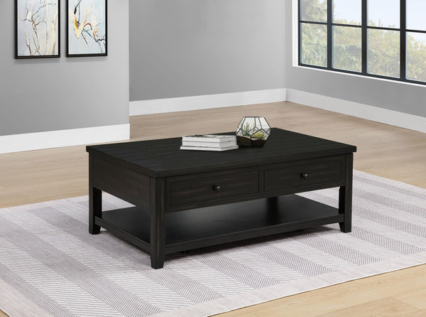 Payne lift-top coffee table side view with lower shelf
