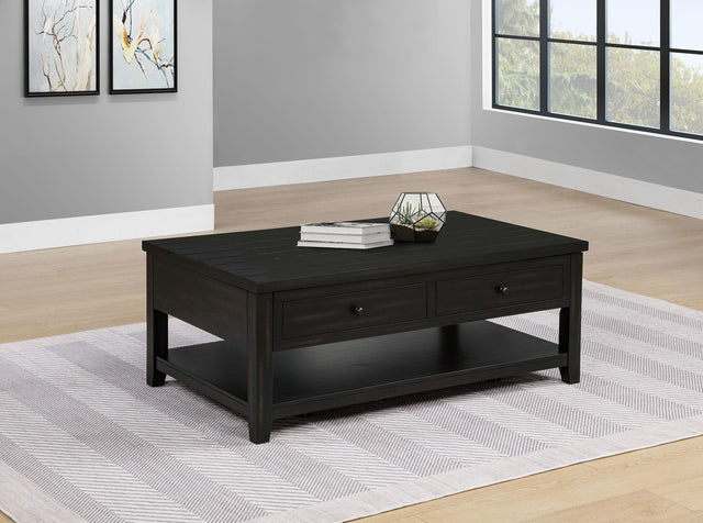 Payne lift-top coffee table side view with lower shelf