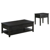 Concord coffee table showing planked wood top and louvered drawer front