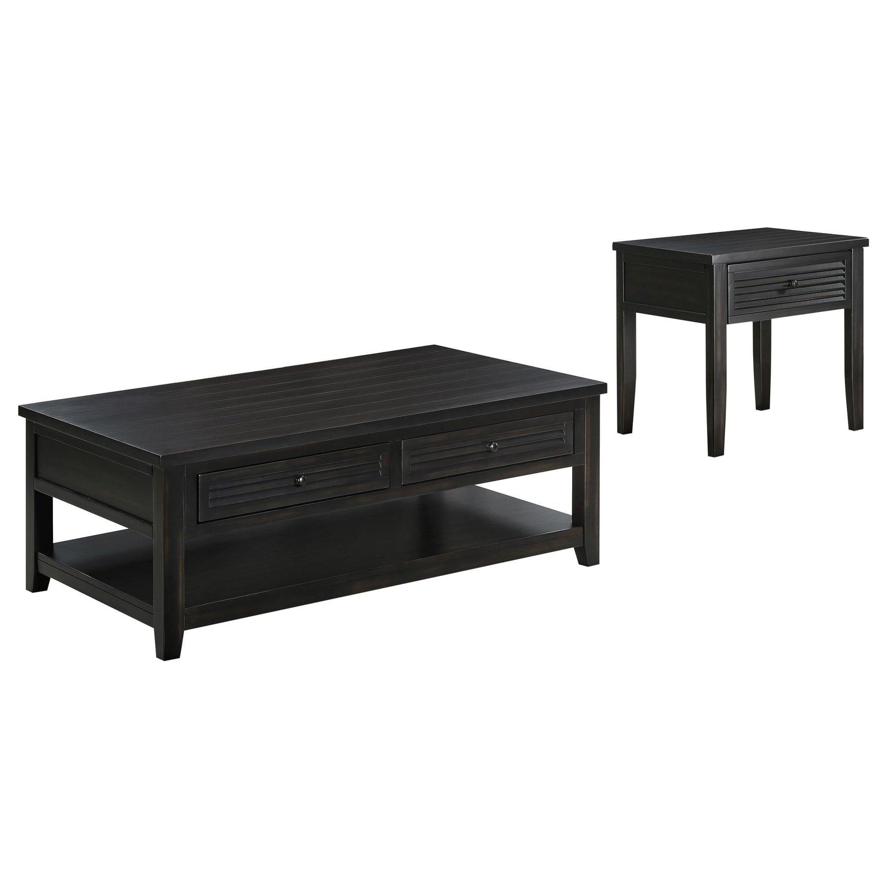 Concord coffee table showing planked wood top and louvered drawer front