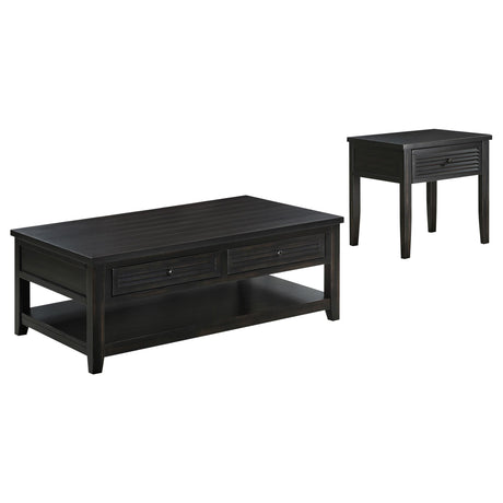 Concord coffee table showing planked wood top and louvered drawer front