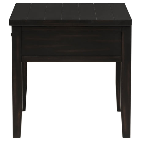 Side view of coffee table highlighting solid pine legs and engineered wood frame