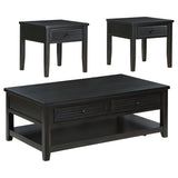 Concord coffee table close-up showing planked wood top and drawer