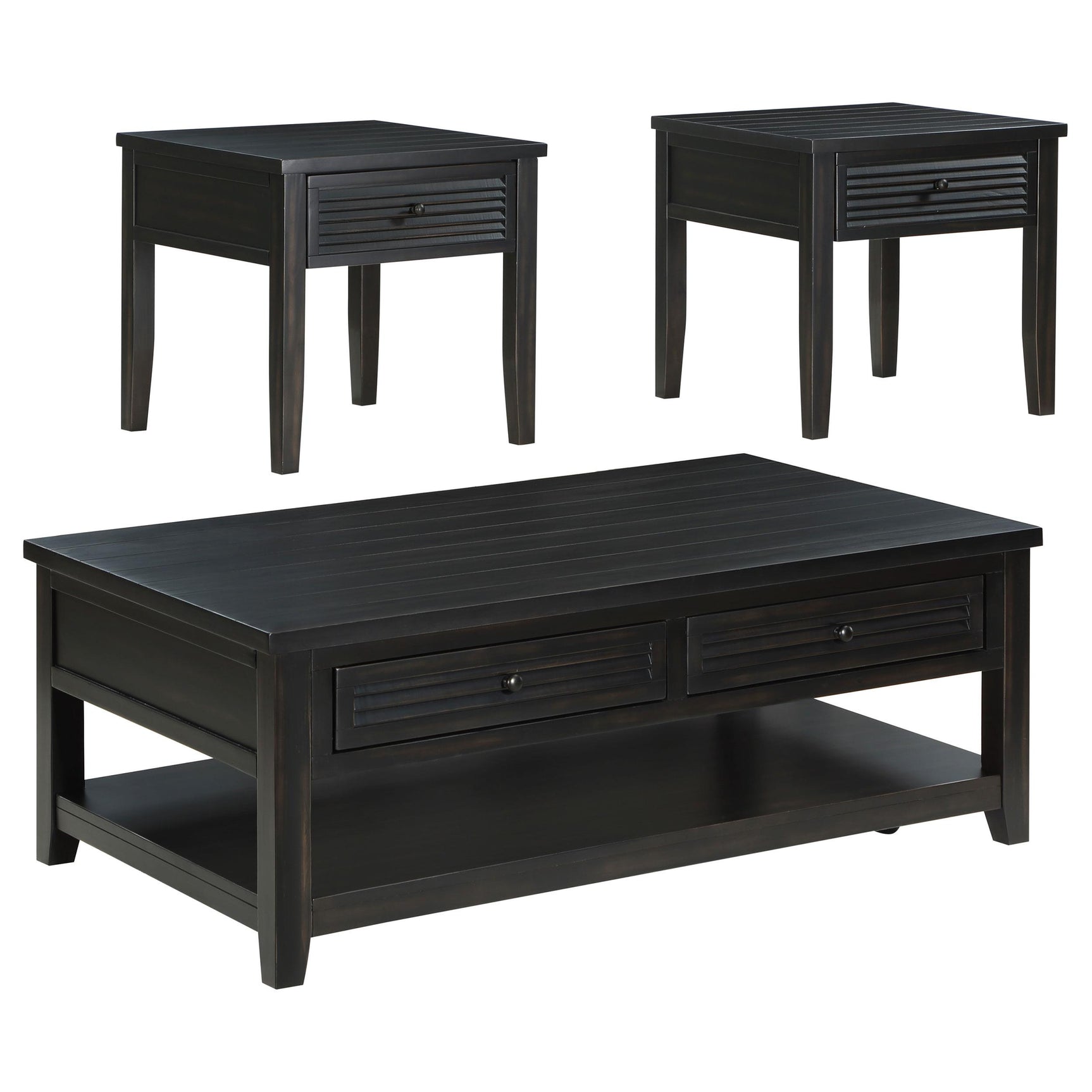 Concord coffee table close-up showing planked wood top and drawer