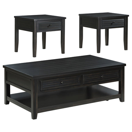 Concord coffee table close-up showing planked wood top and drawer