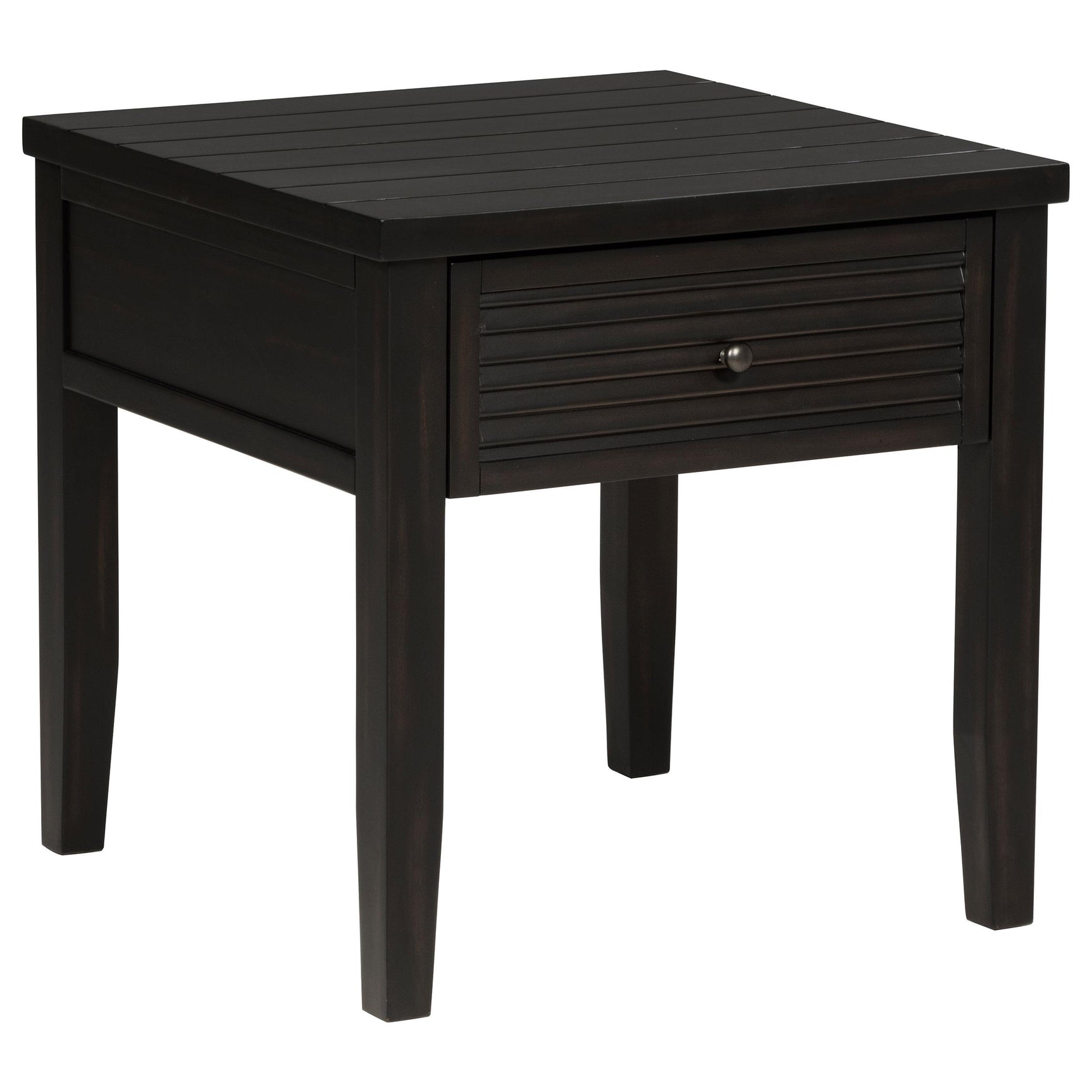 Side angle of Concord end table with louvered drawer front
