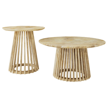 Touhy 2-piece round end table in natural mango wood, angled view