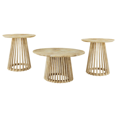 Touhy round end table in natural mango wood, side angle