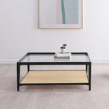 Amherst coffee table showing black metal frame and rattan shelf