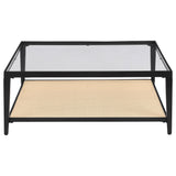 Side angle of Amherst black metal coffee table with glass surface