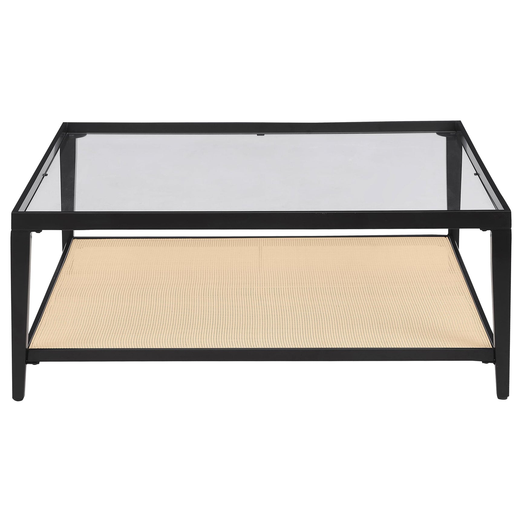 Side angle of Amherst black metal coffee table with glass surface