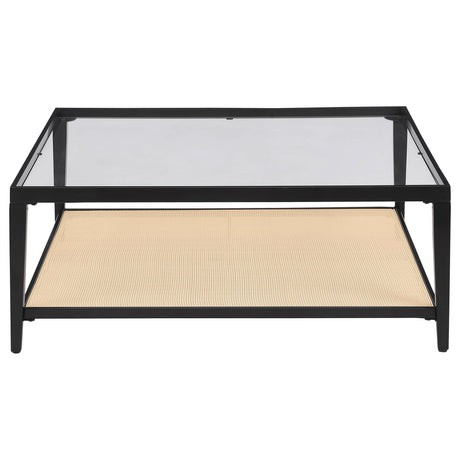 Side angle of Amherst black metal coffee table with glass surface