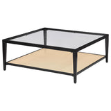 Close-up of tempered glass top and cane weave shelf