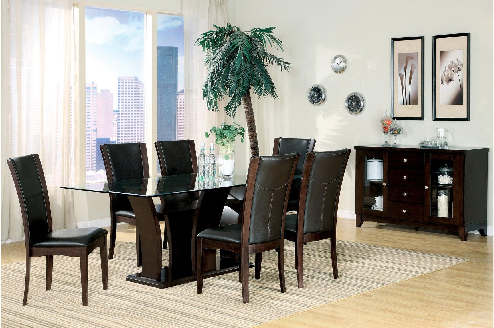 Side view of Daisy Espresso counter height dining set showing glass tabletop and espresso finish