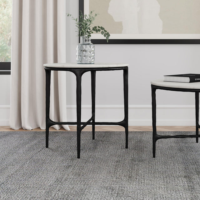 Hermas round end table side view showing metal frame