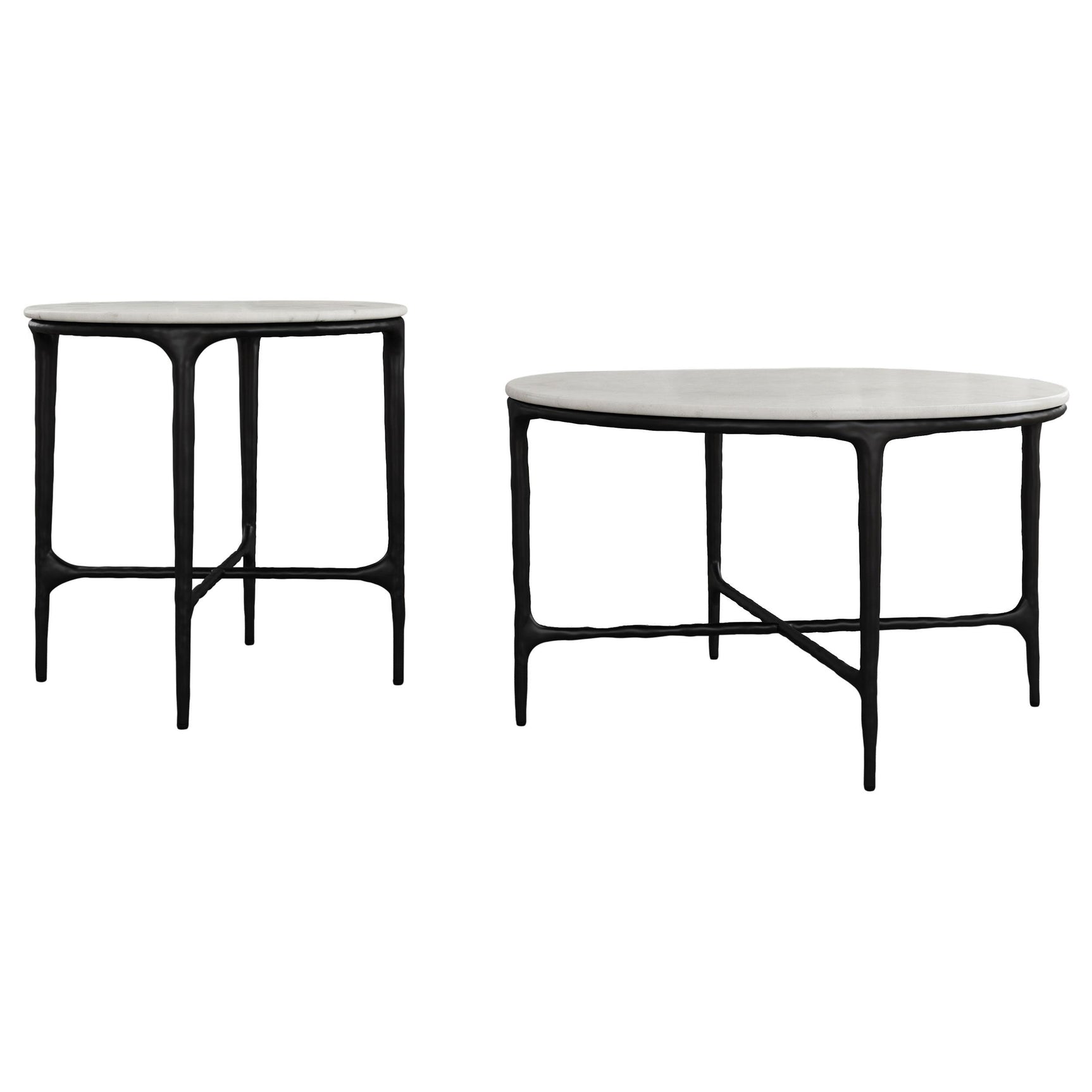 Hermas round white marble end table with iron frame - side view