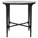 Close-up of textured metal legs on Hermas marble table set