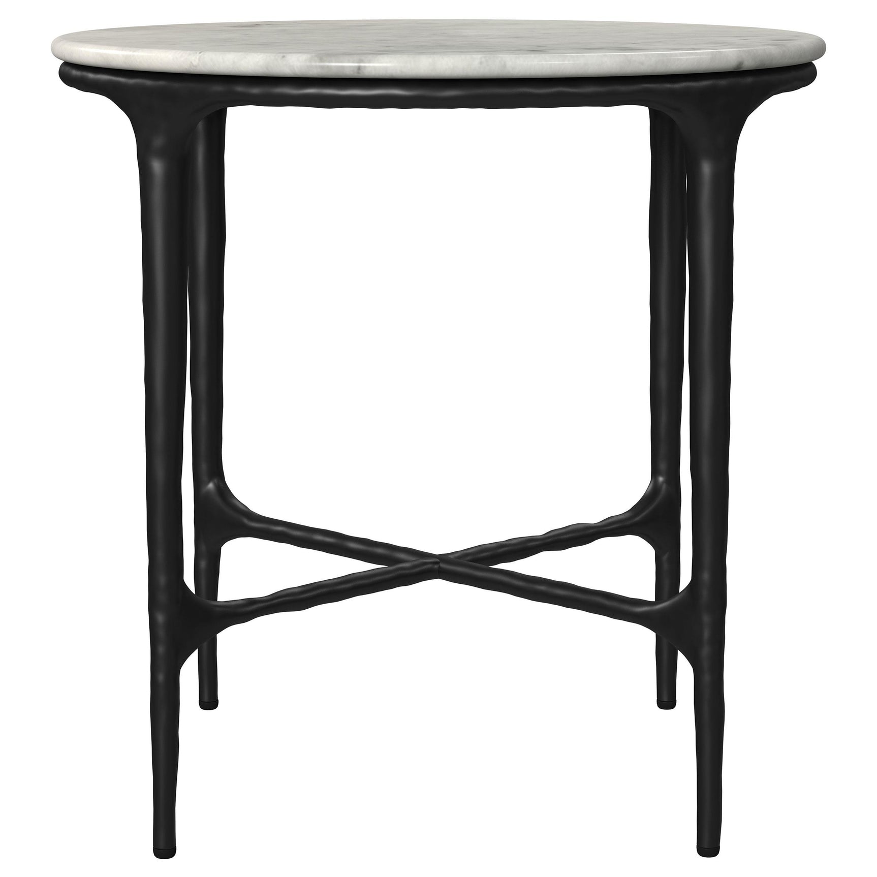 Close-up of textured metal legs on Hermas marble table set