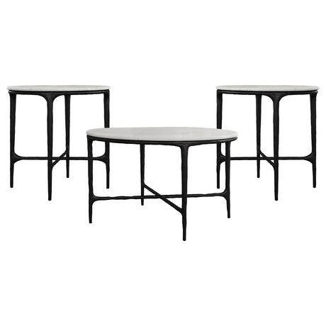 Round white marble coffee table with textured iron legs