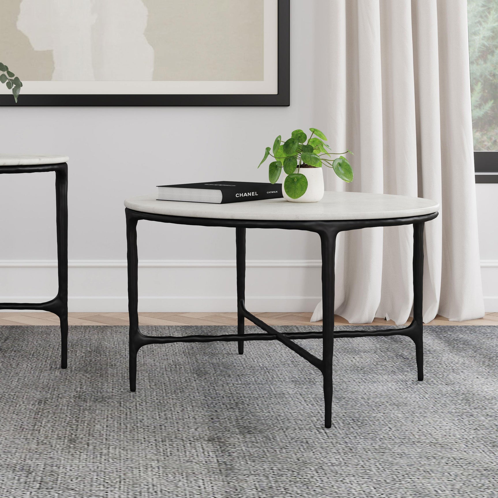 Side angle of Hermas marble and metal coffee table