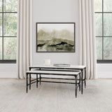 Ebby nesting coffee tables side angle showing marble surface and black iron frame