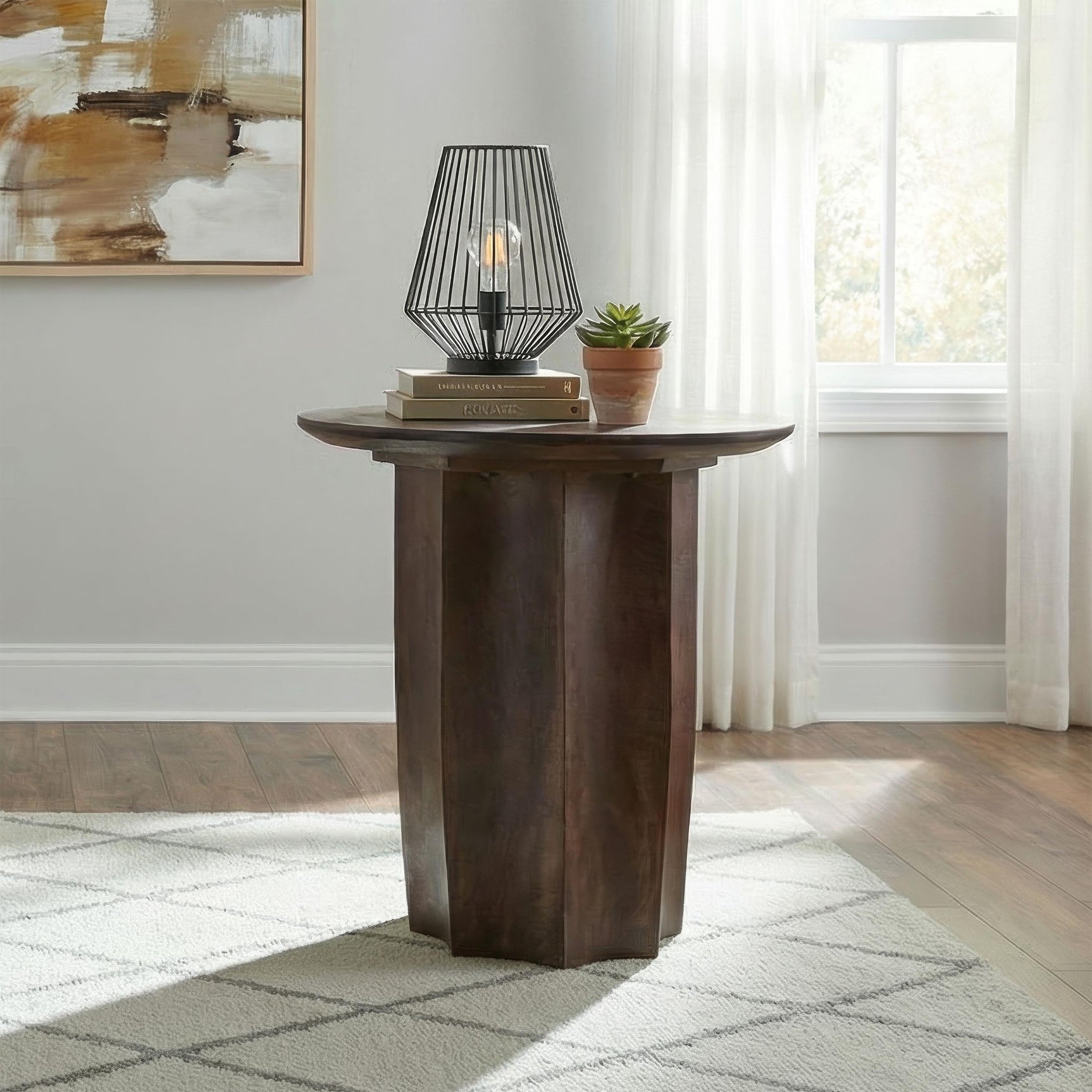 Curving pedestal base detail of Cayenne mango wood side table