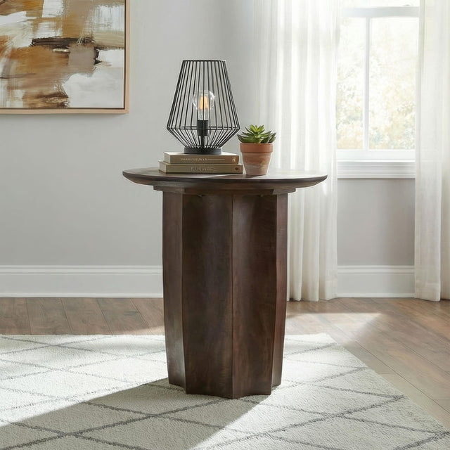 Curving pedestal base detail of Cayenne mango wood side table