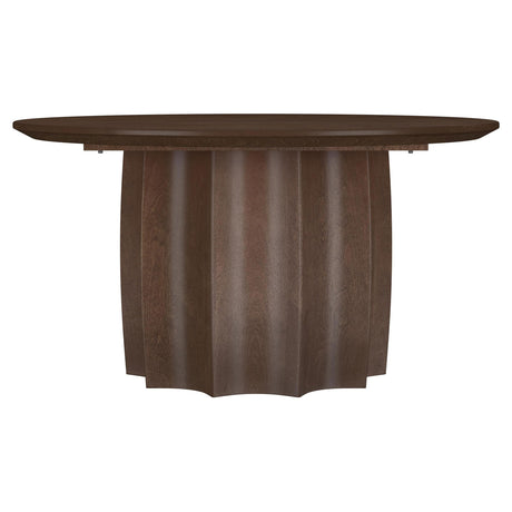Cayenne solid mango wood round coffee table in walnut finish - angled view