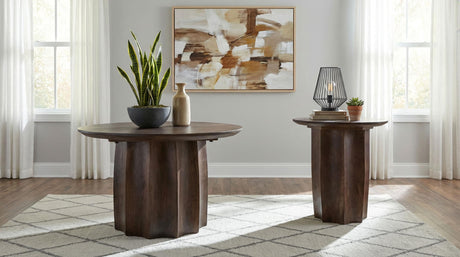 Cayenne solid mango wood round coffee table in walnut finish - full table view