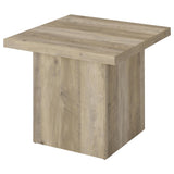 Side view of Devar coffee table and end table set with bold bases