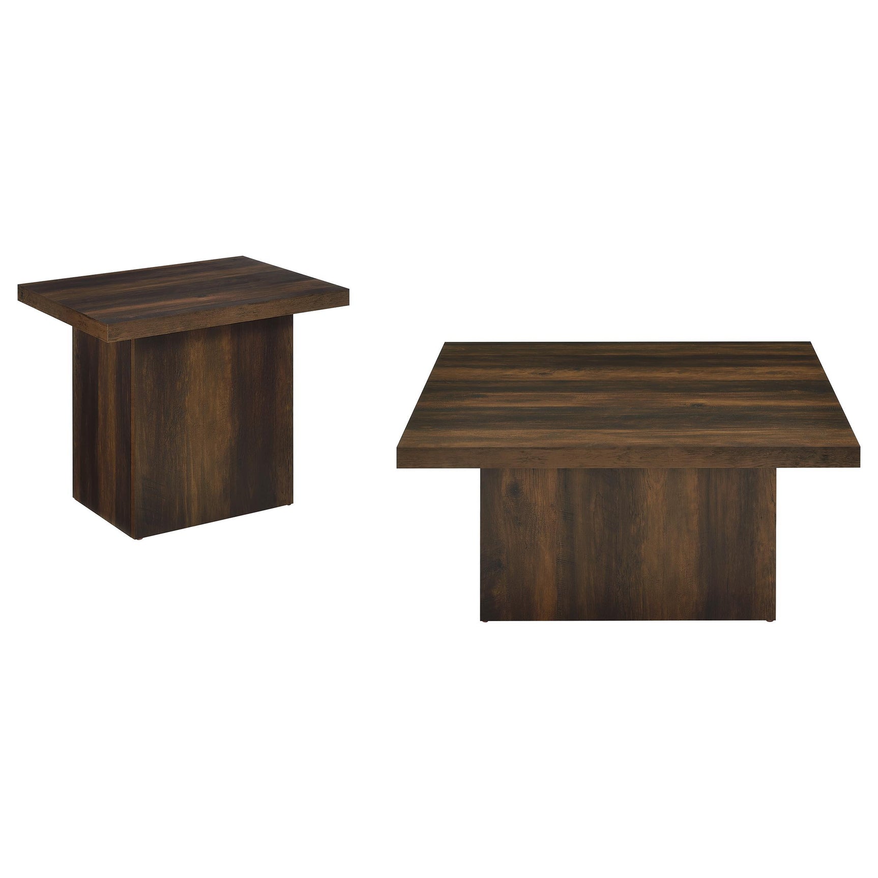 Dark pine coffee table with square top and plinth base