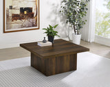 Angle view of Devar Square Coffee Table in dark pine finish