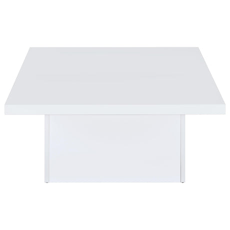 Devar square coffee table showing thickness of top