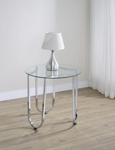 Side view of Beller round chrome side table