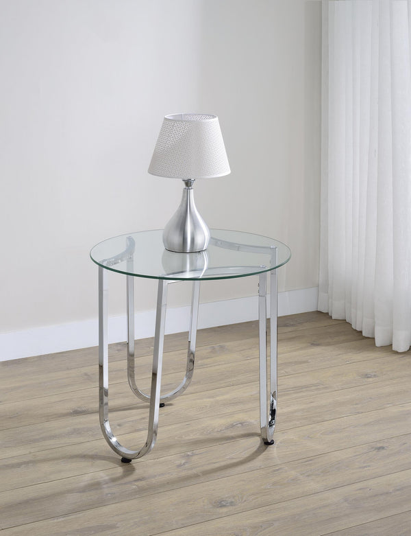 Side view of Beller round chrome side table