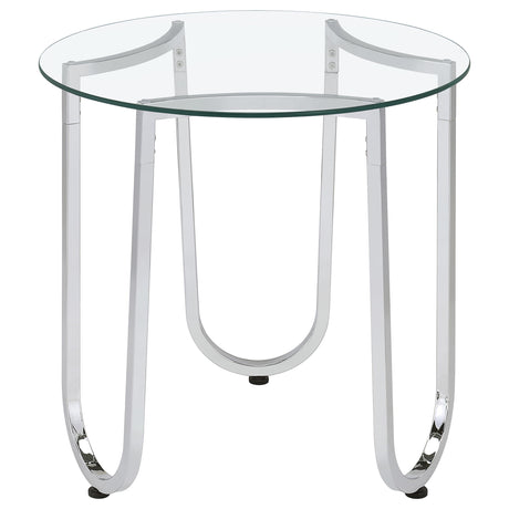 Close-up of tempered glass tabletop with chrome edge