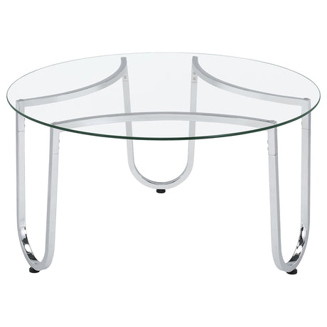 Side perspective of coffee table showing 35.25 inch diameter