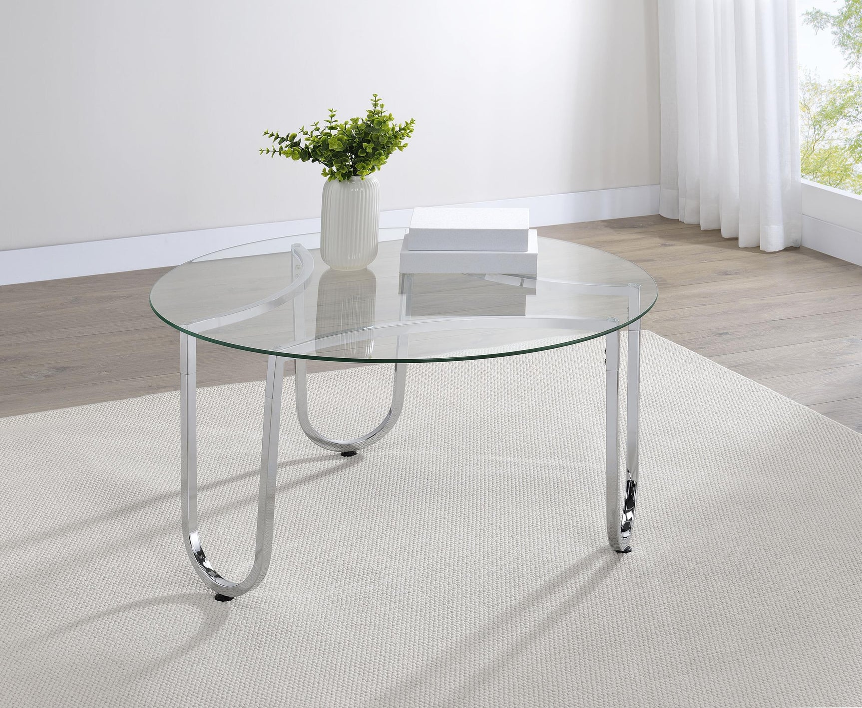Beller coffee table angled side view showing chrome frame