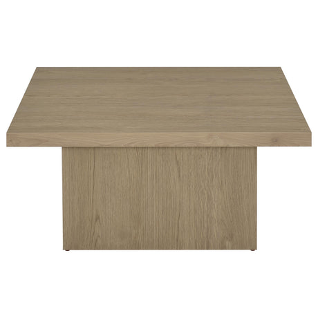 Side view of square engineered wood coffee table with thick edges