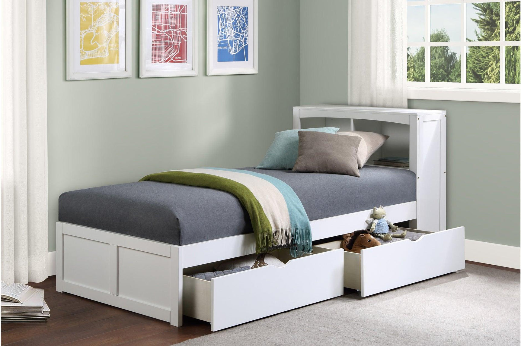 Galen White Twin Bed complete setup in youth room