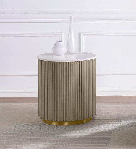 Close-up of white marble top on Jason side table