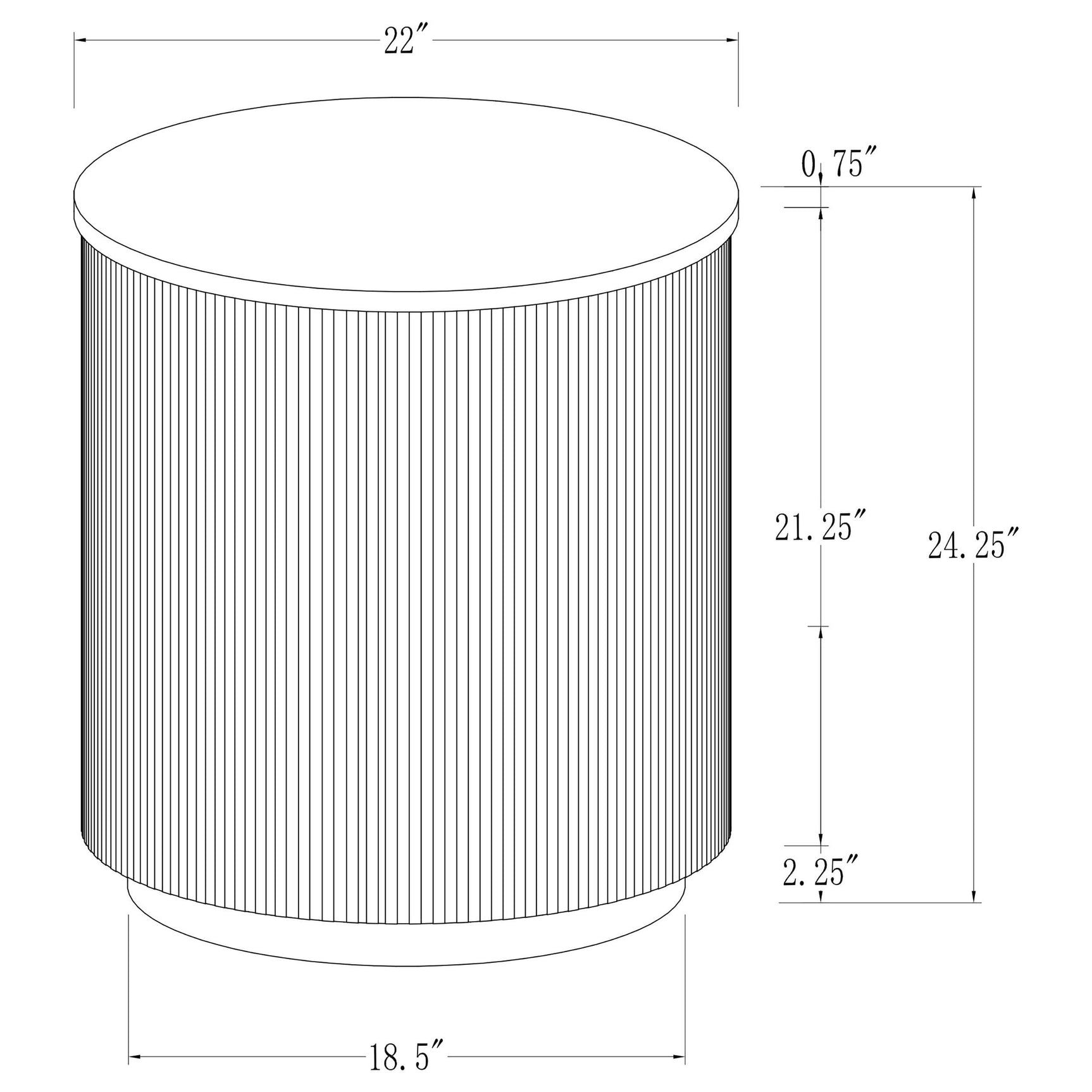 Detailed view of greige reeded drum base on Jason side table