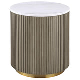 Jason end table round white marble greige base front view