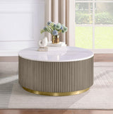 Jason Round White Marble Top Coffee Table Greige, detail of reeded drum base