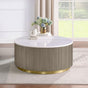 Jason Round White Marble Top Coffee Table Greige, detail of reeded drum base