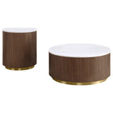 Close-up of white marble top with natural veining on coffee table