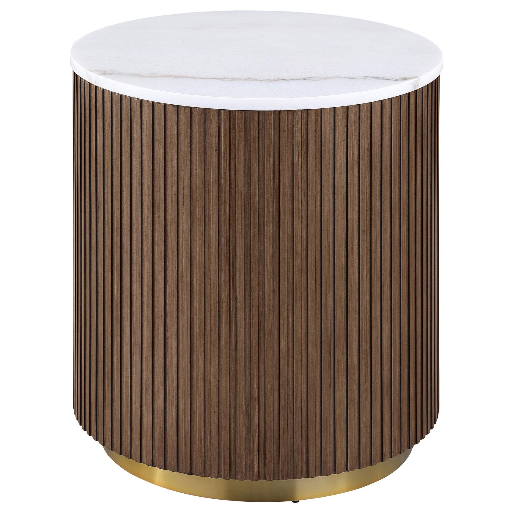 Side view of honey brown reeded drum base with metal ring accent