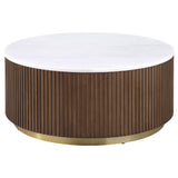 Side angle of coffee table showing mixed material design