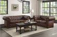Front view of Tiverton brown faux leather tufted sofa and loveseat set